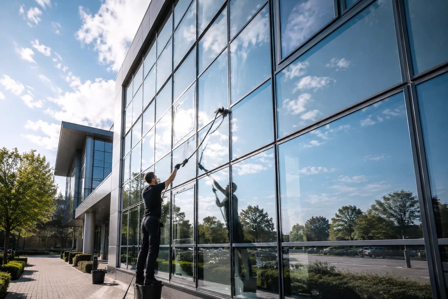 Fachgerecht gereinigte Glasfassade eines modernen Bürogebäudes bei Tageslicht