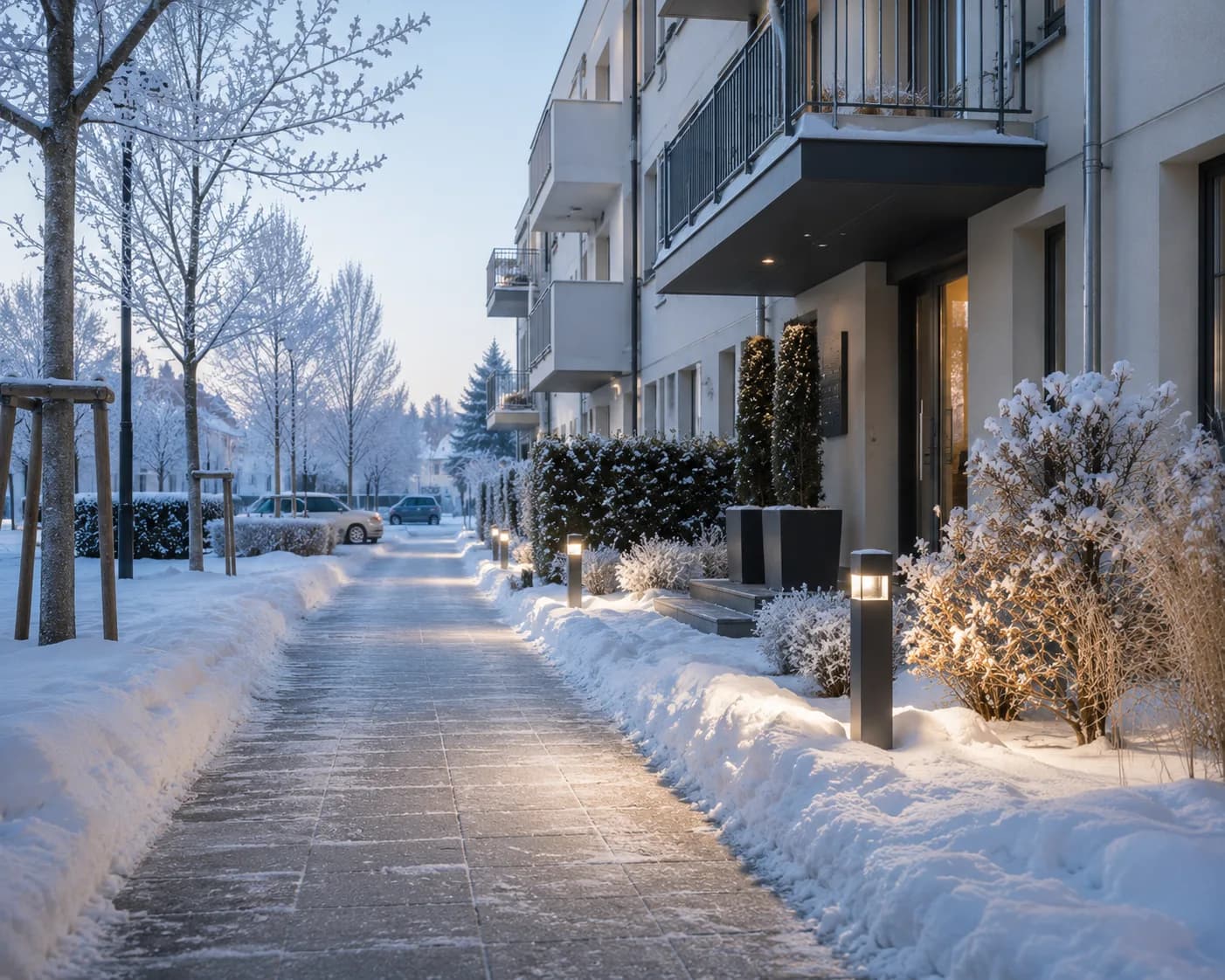 Frisch geräumter und gestreuter Gehweg vor einem Wohnhaus an einem Wintermorgen