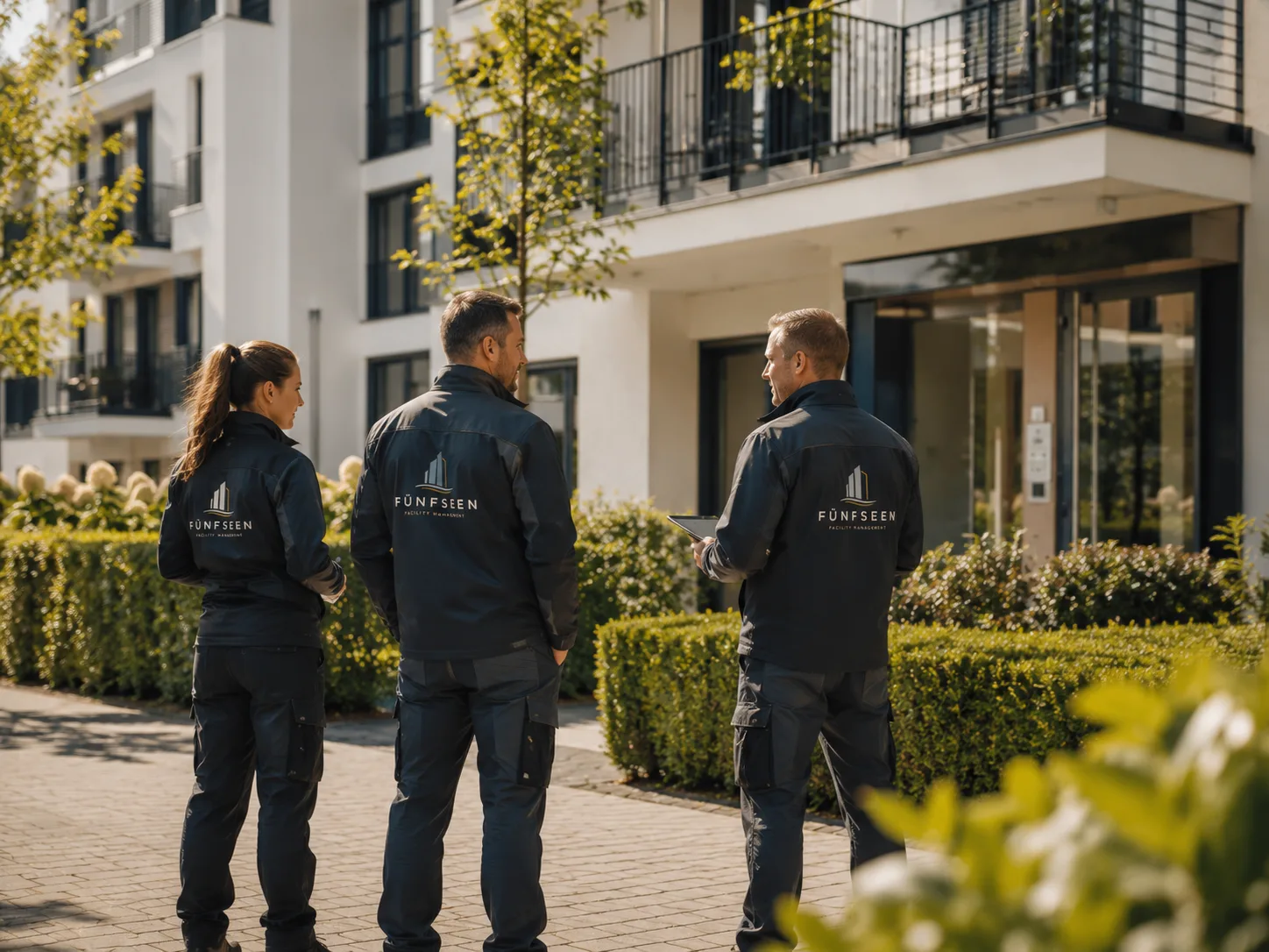 Geschäftsführung und Team von FÜNFSEEN Facility im professionellen Kontext vor einem betreuten Objekt
